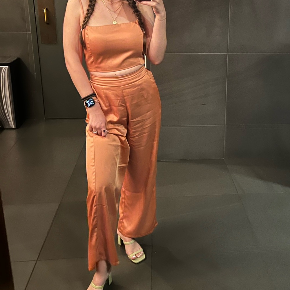 Petal & Pup Satin Two-Piece Jumpsuit Set in Copper Orange